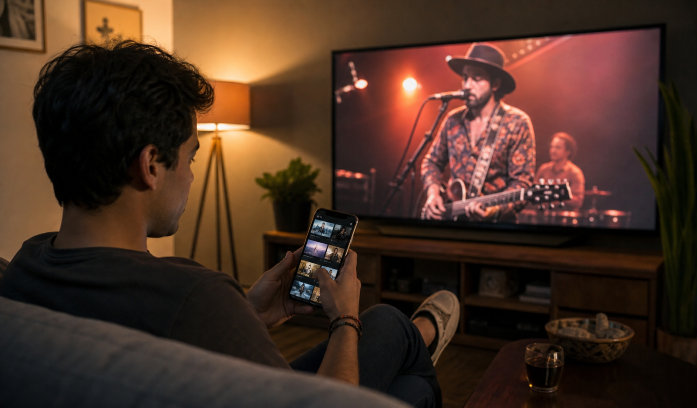 Persona mira una presentación musical en televisión conectada mientras explora contenido desde su teléfono