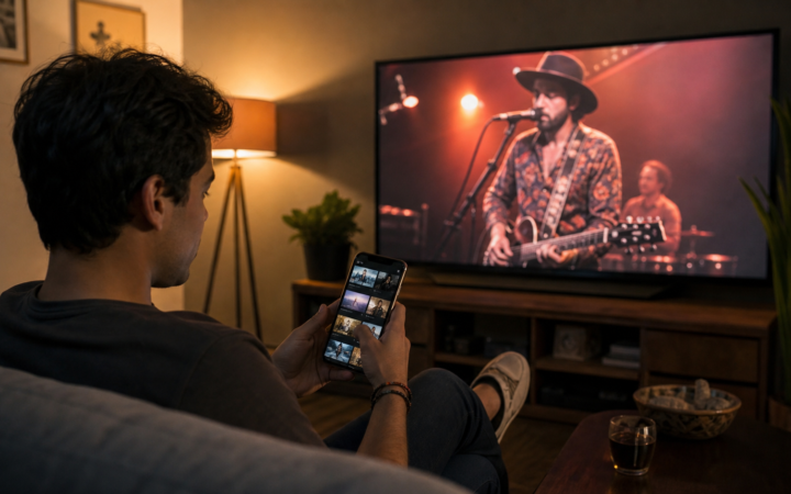 Persona mira una presentación musical en televisión conectada mientras explora contenido desde su teléfono