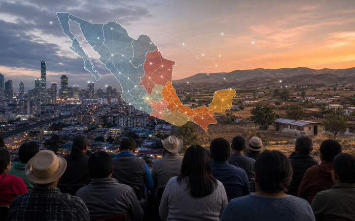Ilustración editorial sobre la relación entre aprobación presidencial y voto legislativo rumbo a 2027